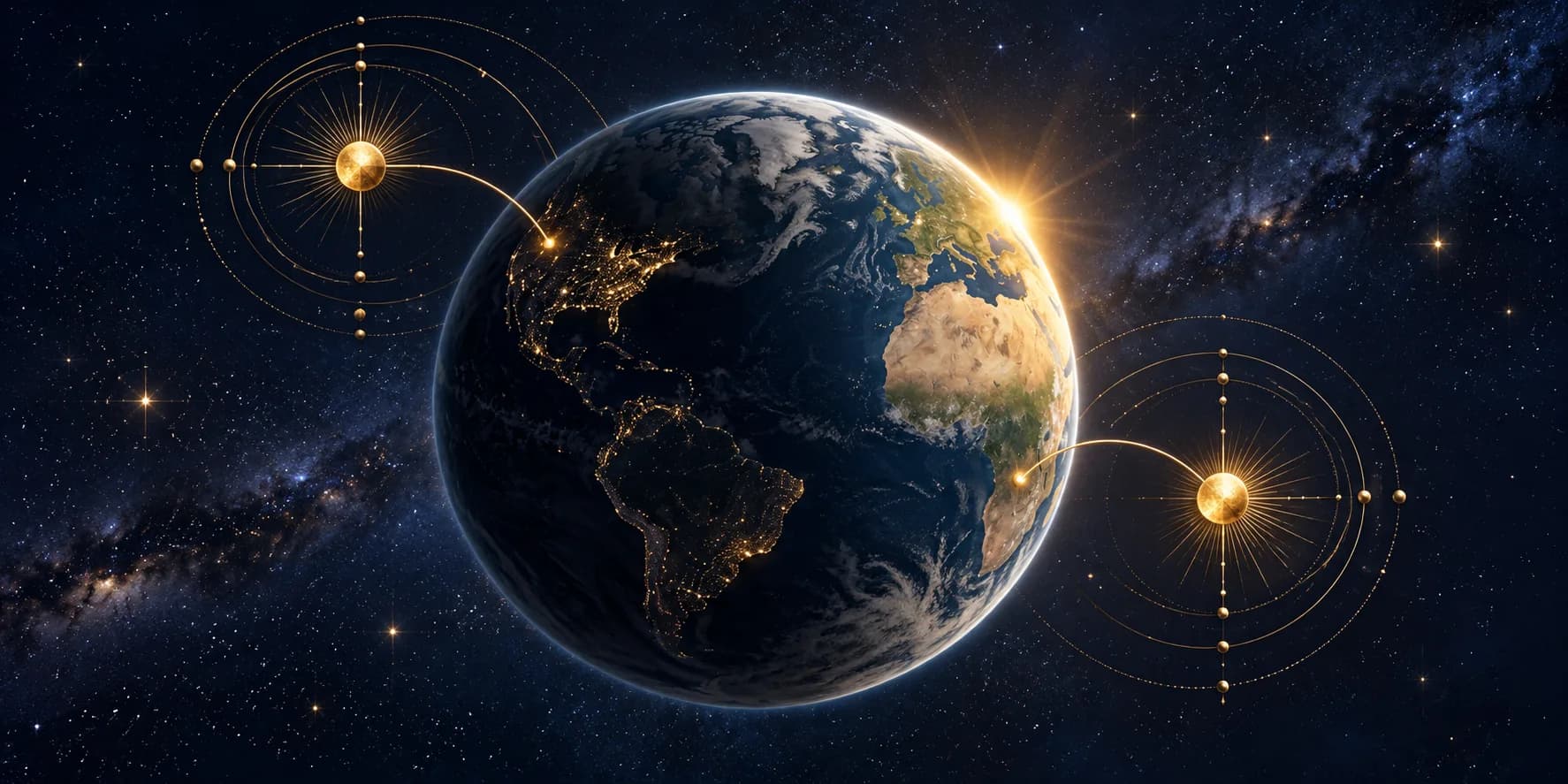 تصویر مفهومی زمین و دو موقعیت مکانی متفاوت برای توضیح وابستگی ساعت‌های سیاره‌ای به زمان طلوع و غروب محلی.